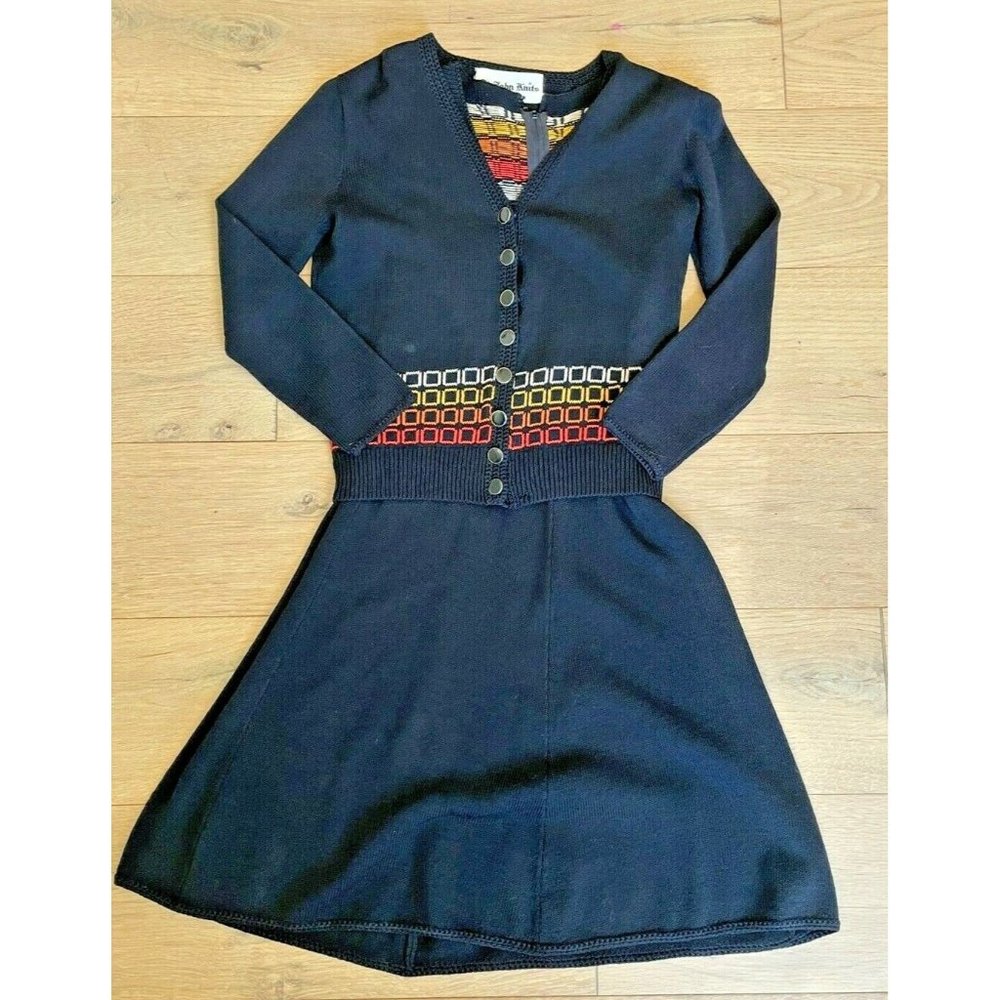 Vintage Rare St John Knit Suit 2 Piece Belted Cardigan Dress Retro Black Orange